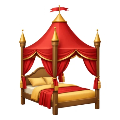 bed with red and gold sheets, wooden, canopy, simple, castle like sticker