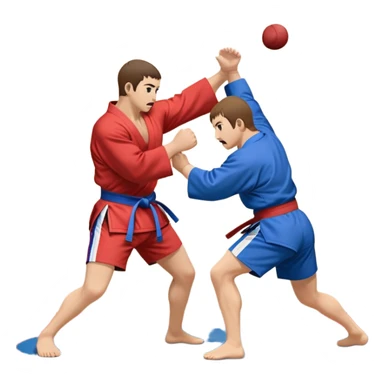 An icon symbolizing Sambo, featuring two fighters in blue and red kimonos with shorts. One executes a powerful throw, while the other attempts a defensive grab. The fighters are engaged in a grapple, using joint locks and sweeps. The background features a wrestling mat/ sticker