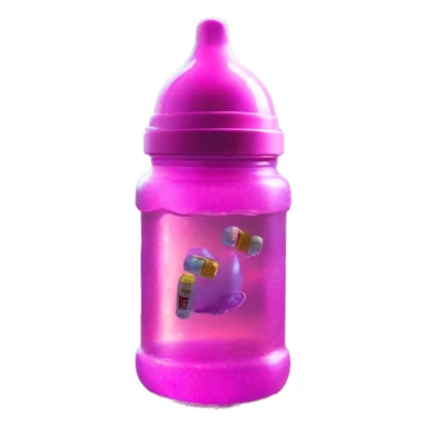 A pink baby bottle with purple sparkly liquid with ice, labeled "GOOGOO ZAZA" floating and pills left by trash in apartment with floor to ceiling windows in sci-fi city streets, dark, neon, ultra realistic, glossy, after rain, sunshine, vhs sticker
