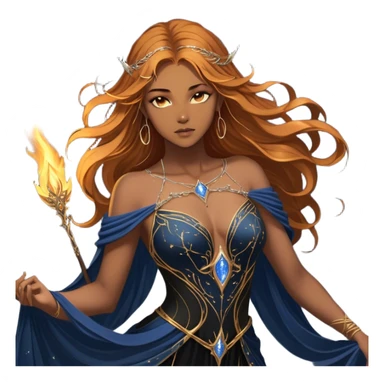 A fierce yet ethereal female High Fae with golden-brown hair cascading down her back, streaked with hints of sunlit gold. Her sharp, striking blue-gray eyes hold an unyielding fire. She wears a flowing black gown with constellations embroidered in silver thread, draping elegantly over her graceful frame. Her delicate hands bear golden tattoos, symbols of ancient magic binding her fate sticker