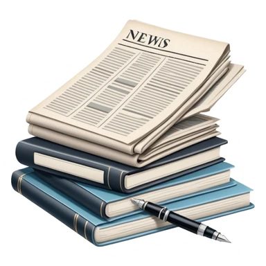 Create an emoji representing journalism and publicistic writing. The design should feature a stack of newspapers as the base, with an open working notebook placed on top of them. A single fountain pen should rest at the very top on the notebook, symbolizing the act of writing. Use neutral, professional colors like black, white, and muted tones to convey a sense of seriousness and intellect. Do not include any emojis or smiley faces. Make the background transparent. sticker