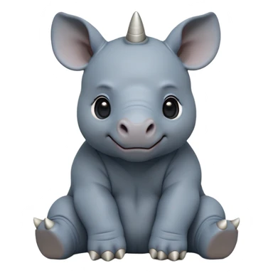 cinematic-baby rhino-full-body-sitting-emoji,white horn, slate grey/blue skin -massive-body-poised-powerfully,-thick-horn-curving-slightly-forward,-head-tilted-dramatically,-rough-grey-hide-covered-in-dust,-simplified-focused-features, large cute black eyes sticker
