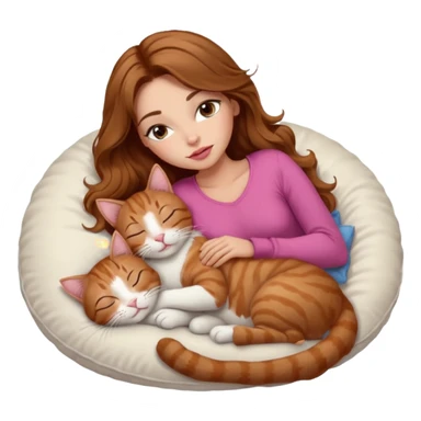 girl with long wavy brown hair, brown eyes, long lashes makeup, sexy pink lips, light to medium complexion,  sleeping on a cozy pillow, with 6 cats: 1 brown tabby cat, 1 ginger and white cat, 2 grey and white cats, 1 grey with white mittens and small white patch on chest cat and 1 calico cat sticker