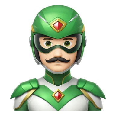 Green power ranger in white costume with a mustache, helmet with green visor sticker