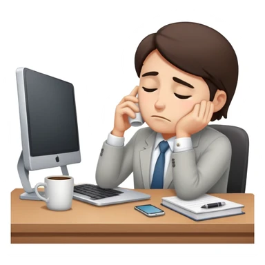sleepy office worker hunched at desk with dark under-eye circles, laptop, coffee mug sticker