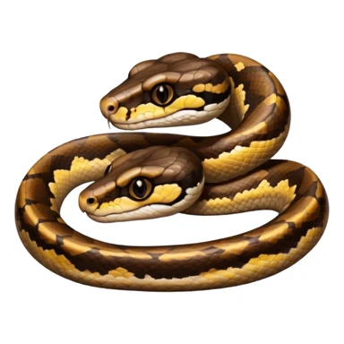 A photo-realistic top-down view of a Ball Python gently coiled into a tight spiral, with its head resting peacefully at the center. Its scales are warm brown with bold, irregular black markings, including the distinctive “alien-head” pattern, flowing smoothly along its body.  sticker