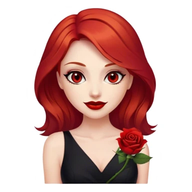 a woman with red hair and red eyes. The woman wear a black little cutted dress. She have red lipstick and she have a seductive look and smile. She have a rose flower in her hair sticker