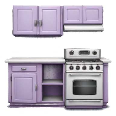Isolated full length Realistic lavender vintage retro kitchen range with cabinets and counters. sticker