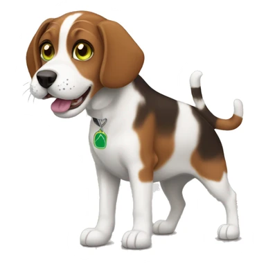 green eyed dark brown tabby cat playing with a tricolor beagle dog sticker