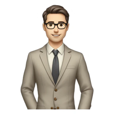 Pale skinned fit man with dark brown hair in gray jacket, beige office shirt, brown tie, brown pants and vintage glasses Writing on the marker board sticker