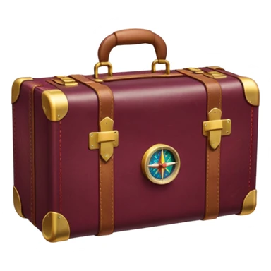 burgundy travel suitcase with multi-colored stamps on it and a gold compass sticker