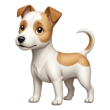 a full body white parson russell looking dog the size of a kelpie with light brown ears and a light brown patch on one eye and a large snout sticker