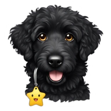 fully black aussie doodle with a star-shaped tag sticker