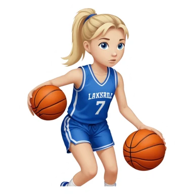 Fair skinned girl with blonde hair tied in a ponytail and blue eyes dribbling a basketball in a blue basketball kit with the number 7 with white, determined expression sticker