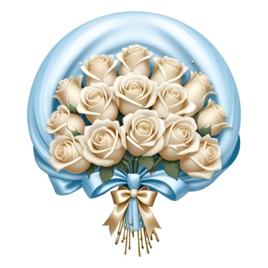 A backdrop of pearlescent ivory silk, draped like flowing water, provides the perfect setting for an exquisite bouquet of snow-white and pale blue roses, bound with a luxurious satin bow in soft beige. The ribbon’s ends curl gracefully, intertwining with delicate strands of pearls resting beside the bouquet. Above, a selection of metallic pearl balloons in warm champagne, opal white, and soft gold drifts effortlessly, their reflections creating a luminous, serene glow that enhances the timeless elegance of the scene. sticker