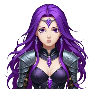 A mysterious warrior girl with long, flowing purple hair cascading down her back, strands catching the dim light like silk. Her piercing violet eyes glow. She wears sleek black armor, a perfect fusion of elegance and lethality, adorned with intricate silver engravings resembling ancient runes.  sticker