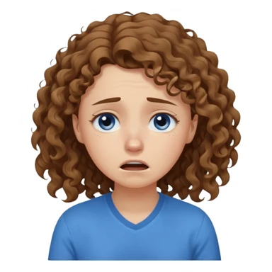 white young curly long hair girl, brown hair, with a blue shirt, in despair crying sticker
