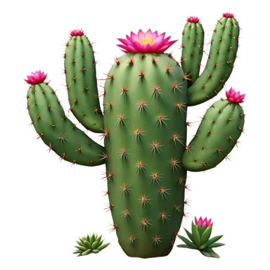 Cinematic Realistic Cactus Emoji, Tall and spiny, with thick, rounded stems covered in sharp spines. Bright flowers bloom at the tips of some branches, adding a pop of color against the desert backdrop. Soft glowing outline, capturing the essence of strength, survival, and desert beauty in a striking cactus! sticker