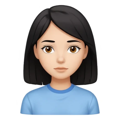 Emoji of a girl with black-brown long bob hair, fair tan skin, brown eyes, soft black eyebrows, pastel blue shirt, clean girl aesthetic, white background  sticker