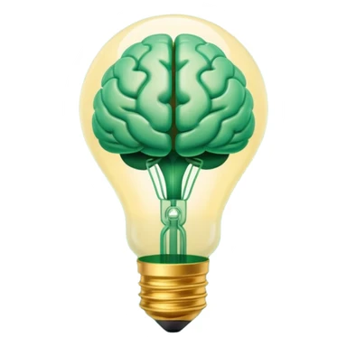 3D lightbulb icon with brain pattern inside, glowing softly, modern glossy style, deep green (#0B3D2C) base, gold (#C9B037) filament glow, cream (#F5F5DC) light, transparent background, premium render sticker