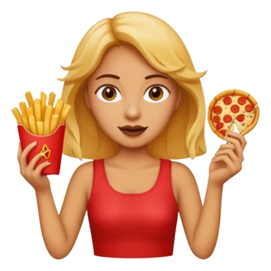 lean female holding fries on one hand and eating pizza on the other hand sticker