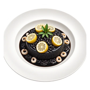 cinematic-realistic-black-risotto-dish-emoji,-showcasing-small squid pieces in black sauce -rendered-with-bold-textures-and-dynamic,-dramatic-lighting in a white plate with a grilled lemon on top sticker