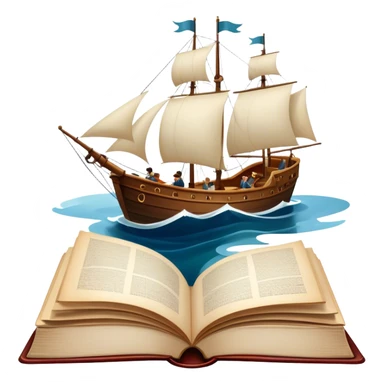 Icon for Reading Fiction: a large open book with pages turning, Musketeers on horseback, Sherlock Holmes and other literary elements, a sailboat sailing across the pages. The icon should evoke the adventurous spirit of storytelling. Transparent background. sticker