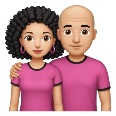 A picture if a couple, the man is a bald Mexican man with a black tee shirt on and the woman is mixed with black and white, with curly hair and a pink shirt on sticker