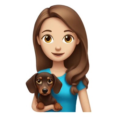 Girl with blue eyes and brown hair holding a dachshund sticker