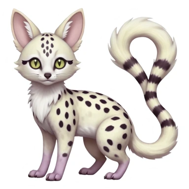 White Albino pastel whitish grey-spotted Serval-Civet-Genet-Trico-Furret-Linoone-Noibat-Espeon-Fakémon-Pokémon-animal-hybrid-fusion-creature (full body) with vibrant glowing eyes, cute, elegant, soft, realistic, pastel fur sticker