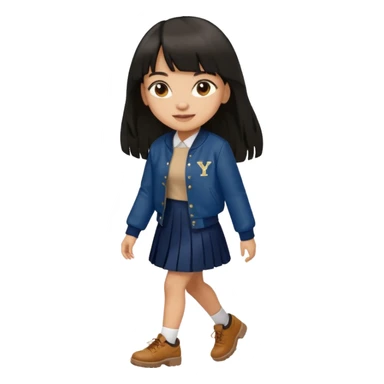 black color long hair with fringe, light skin long hair girl with brown varsity jacket and navy long skirt walking

 sticker
