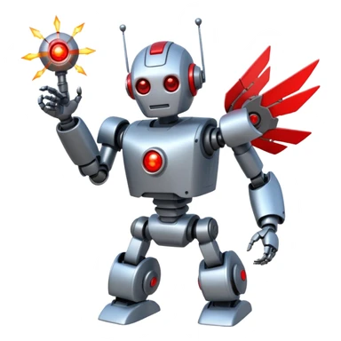 robot being hit with a red beam by a flying robot sticker