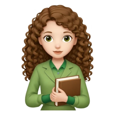 A girl with long brown curls and a green outfit holding a stacking book in her hand sticker