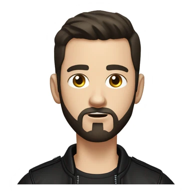 young white man with very short dark brown hair and beard,buzzcut,  cool outfit, black leather jacket and black shirt underneath, angry eyes sticker