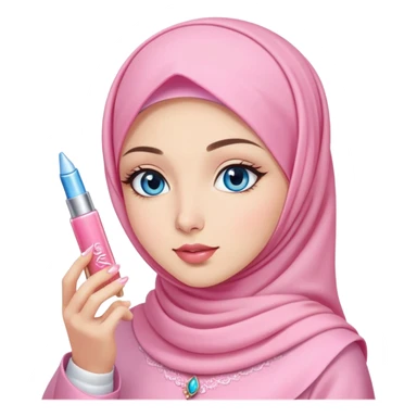Turkish beautiful finish Konya girl blue eyes with light sakura and pink hijab islamic dress and had on her hand kiko lipgloss and she wearing the lipgloss sticker