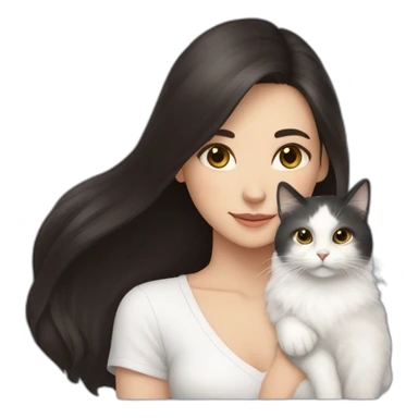 A girl with long dark hair and a white fluffy cat is lying on her right shoulder sticker