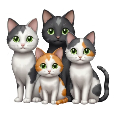 3 different coloured small cats including a dark grey and white, and a patchy calico with hazel eyes and a completely solid dark grey with green eyes and only white paws sticker