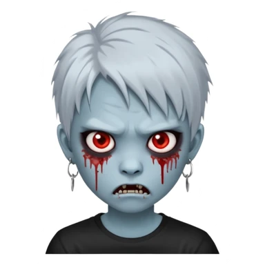  3D emoji-style avatar with very pale blue-grey zombie skin , a young Asian face, and large eyes with blood tears. Give it white litle bit messy mullet hair style , silver hoop earrings, and a plain black T-shirt. The face expression should be slightly angry, with vampire fang sticker