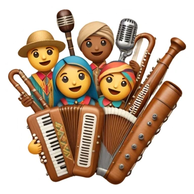 Create a colorful and cultural humanless emoji representing folk singing. The design should feature a collage of traditional folk instruments, such as a wooden flute (dudka), a button accordion (harmon), a set of gusli, and a tambourine (buben), all arranged in a harmonious, flowing design around a vintage microphone. The instruments should have earthy, natural tones like wood browns, brass accents, and vibrant colors reflecting their folk origins. Add subtle musical notes to tie the elements together, symbolizing the power of folk music. The background should be transparent. sticker