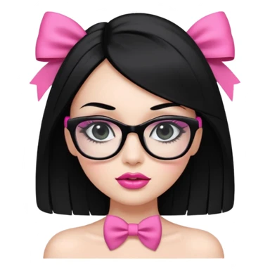 Pretty girl with long straight black hair, pink bow on the right side, big black glasses, fake lashes, makeup with eyeliner and glossy lips, white strapless top, upper body only sticker