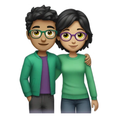 boy and girl hugging each other. the boy, has black wavy hair and wearing glasses, has green eyes. the girl, has medium-short straight hair dyed in purple, with brown eyes. sticker