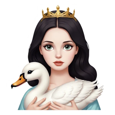 Girl who looks like Lana del Rey with dark hair, dark cat eyes, pale skin, with a Roman nose, holding a swan sticker