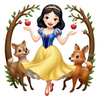 Cinematic Playful Snow White Portrait Emoji, Laughing while dancing with woodland animals, dress twirling gracefully, a whimsical sparkle in her eye, radiating charm and pure delight! sticker
