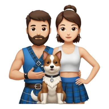 emoji of brunette man with beard wearing kilt, brunette woman in yoga outfit and one white fluffy dog sticker