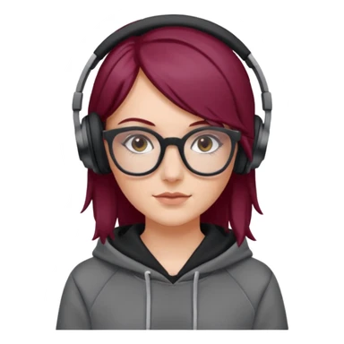 white girl with burgundy hair, gray rectangle glasses, black deportive hoodie and black headphones sticker