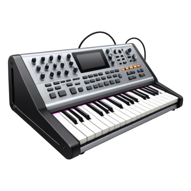 Create a professional and detailed emoji that represents sound design. The design should feature a high-end studio synthesizer, specifically a Korg synthesizer, with a mixing console and control panel, all connected with audio cables. Surround the equipment with flowing sound waves or musical notes to symbolize the creation and manipulation of sound. Use colors like metallic silver, black, and neon accents to emphasize the technical, creative nature of sound design. The background should be transparent. sticker