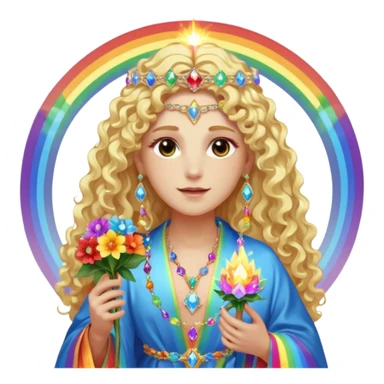 a being made of light pleidian nordic long faces and curly huge thick blond hair but beautiful features of light wearing jewels and a rainbow halo like a saint arount her a robe on made of light and gem  transparent belly dancer and who is lanky holding a bouquet of crystal flowers on rainbow fire sticker