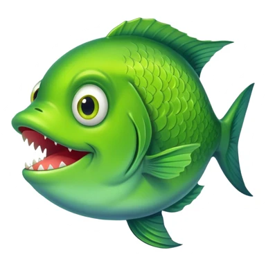 super derpy bright green fish shown from side profile facing right, but with both bulging eyes comically looking at viewer, buck teeth, drooling mouth, flat 2D side view only sticker