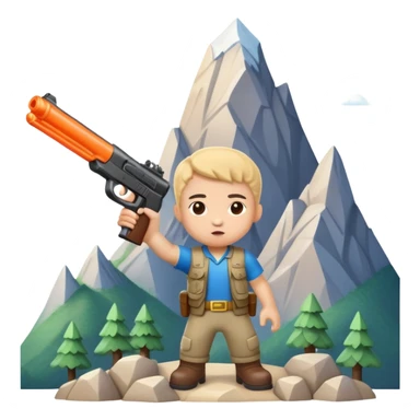 Little character holding a toy gun aiming at a mountain with tiny figures on it sticker