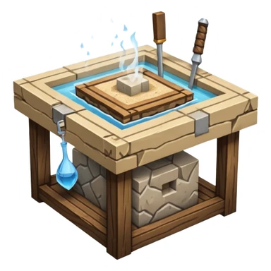 crafting table with tools, stone, wood, glass, sand, steam, water... like a minecraft style cube crafting table 100% like a minecraft table crafting, with on the right, left, a glass showing crafting merging between stone and wood sticker